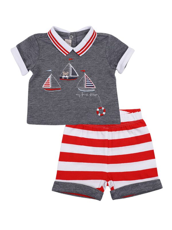 Boys White & Red Printed Polo with Short Pants image number 0